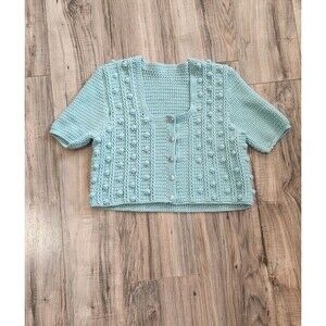 Handmade Crochet Cardigan Sweater Light Blue Short Sleeve Womens S
